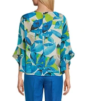 Kasper Lily Print Boat Neck Ruffle 3/4 Sleeve Blouse