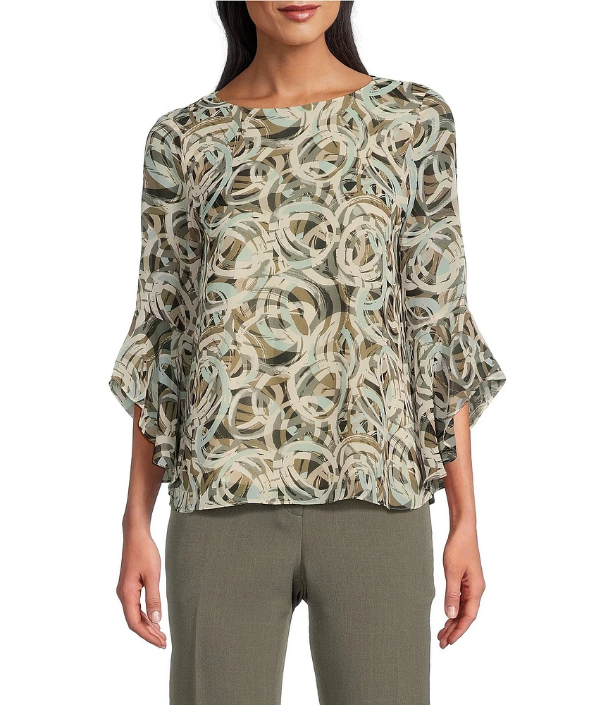 Kasper Abstract Print Crew Neck 3/4 Flutter Sleeve Blouse