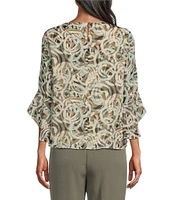 Kasper Abstract Print Crew Neck 3/4 Flutter Sleeve Blouse