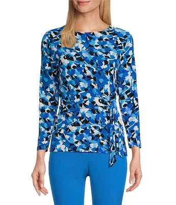 Kasper Abstract Print Crew Neck 3/4 Sleeve Tie Front Top