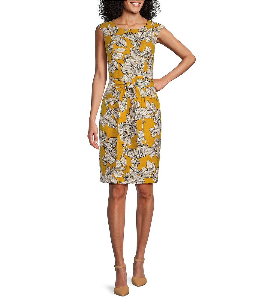 Kasper Coordinating Printed Crew Neckline Cap Sleeve Zip Pocket Belted Sheath Dress