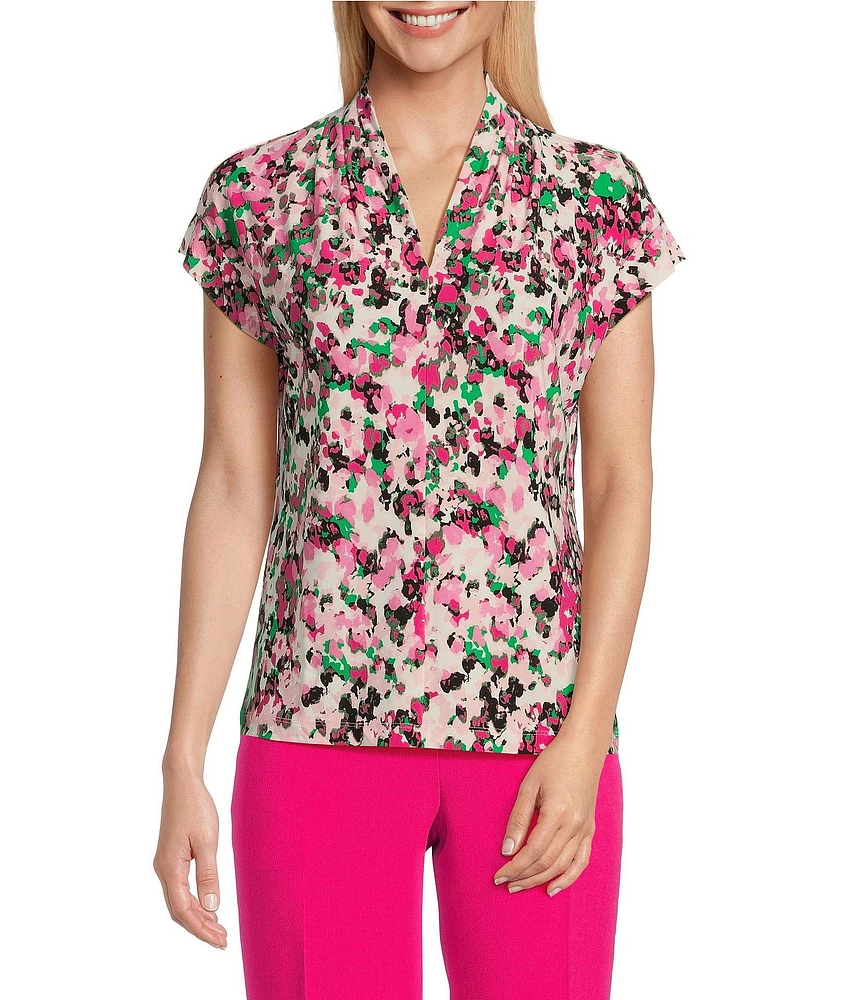 Kasper Printed Extended Cap Sleeve Funnel Neck Stretch Blouse