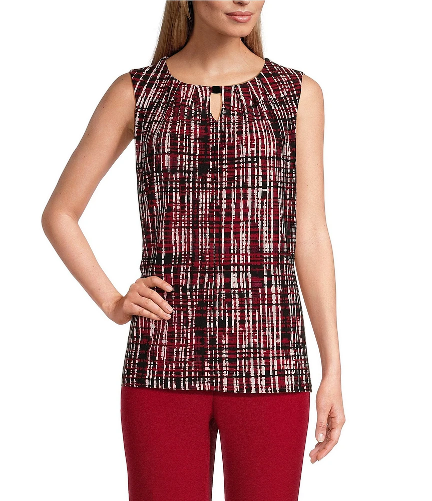 Kasper Printed Keyhole Hardware Pleated Crew Neck Sleeveless Top