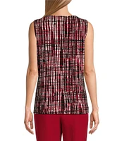 Kasper Printed Keyhole Hardware Pleated Crew Neck Sleeveless Top