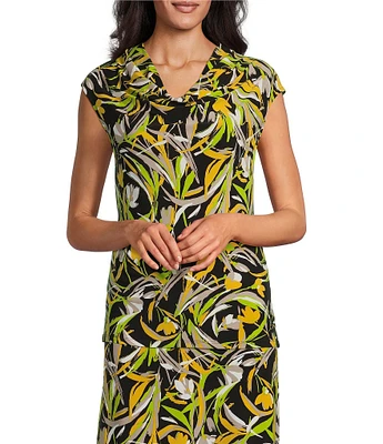 Kasper Printed Knit Jersey Cowl Neck Cap Sleeve Top