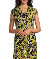 Kasper Printed Knit Jersey Cowl Neck Cap Sleeve Top