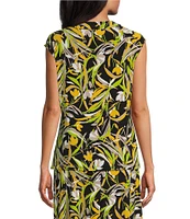 Kasper Printed Knit Jersey Cowl Neck Cap Sleeve Top