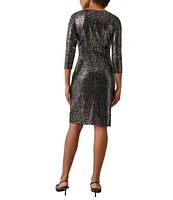 Kasper Printed Metallic Boat Neck 3/4 Sleeve Sheath Knee Length Dress