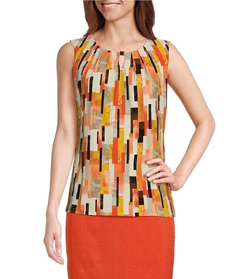 Kasper Printed Pleated Keyhole Crew Neckline Sleeveless Top