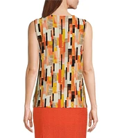 Kasper Printed Pleated Keyhole Crew Neckline Sleeveless Top