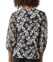 Kasper Printed Shirred Crew Neck Blouson 3/4 Sleeve Blouse