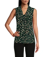 Kasper Printed Sleeveless V-Neck Knot Front Blouse