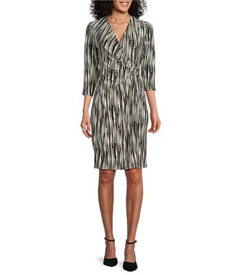 Kasper Abstract Print Surplice V Neckline 3/4 Sleeve Wrap Dress