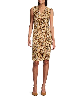 Kasper Printed Surplice V Neckline Sleeveless Faux Wrap Dress