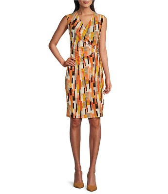 Kasper Printed Surplice V Neckline Sleeveless Geometric Print Faux Wrap Dress