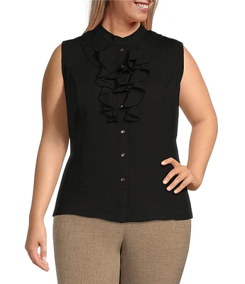 Kasper Plus Size Ruffle Crew Neck Sleeveless Button Front Shirt