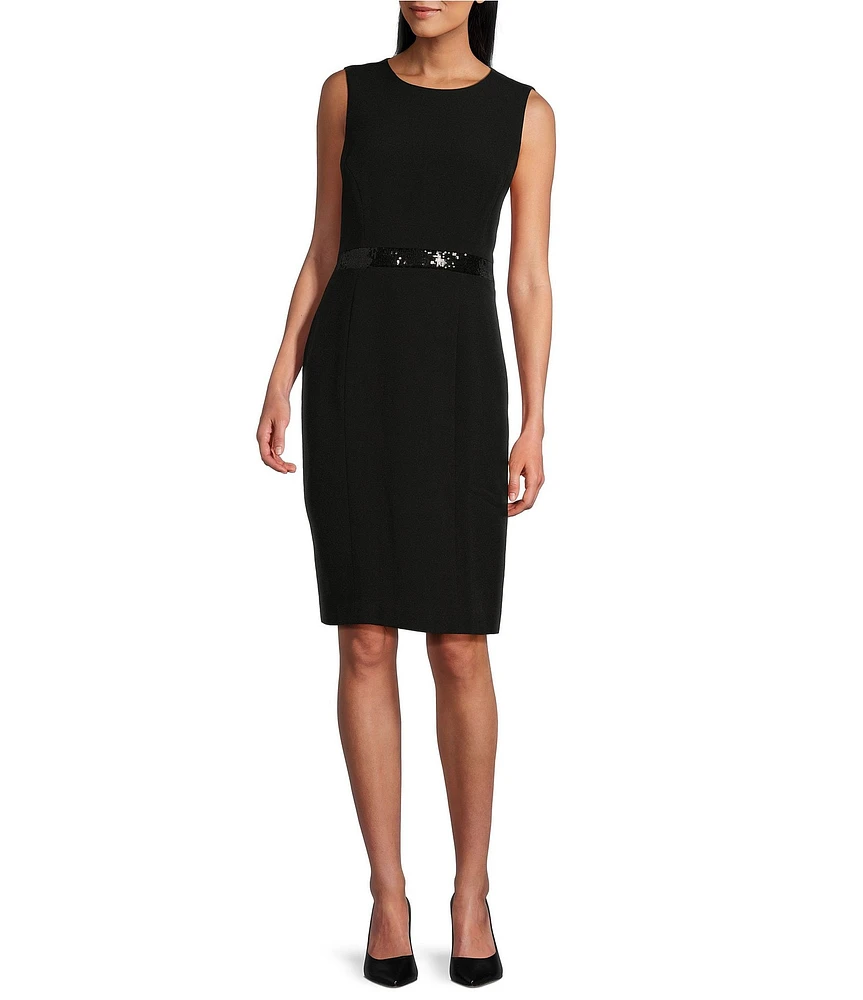 Kasper Sequin Trim Sheath Crew Neck Sleeveless Dress