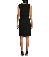 Kasper Sequin Trim Sheath Crew Neck Sleeveless Dress