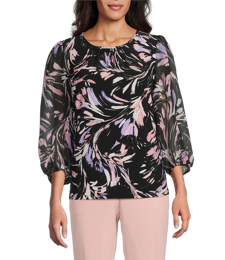 Kasper Shirred Round Neck 3/4 Sleeve Knit Top