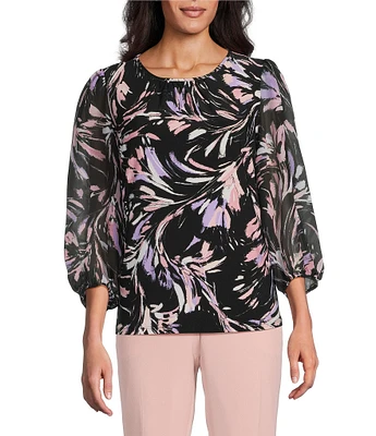 Kasper Shirred Round Neck 3/4 Sleeve Knit Top