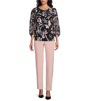 Kasper Shirred Round Neck 3/4 Sleeve Knit Top