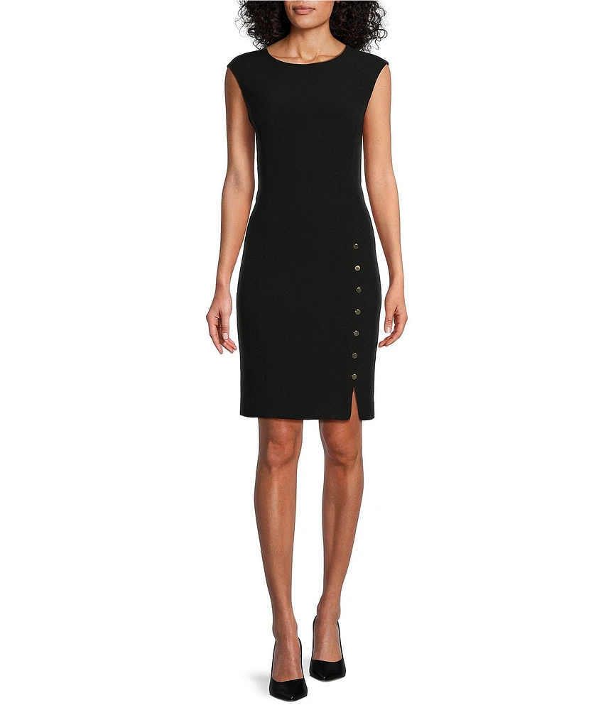 Kasper Stretch Crepe Crew Neckline Cap Sleeve Studded Sheath Dress