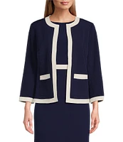 Kasper Stretch Crepe Woven Round Neck Patch Pocket 3/4 Sleeve Open-Front Framed Coordinating Jacket