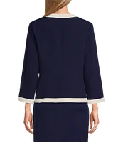 Kasper Stretch Crepe Woven Round Neck Patch Pocket 3/4 Sleeve Open-Front Framed Coordinating Jacket