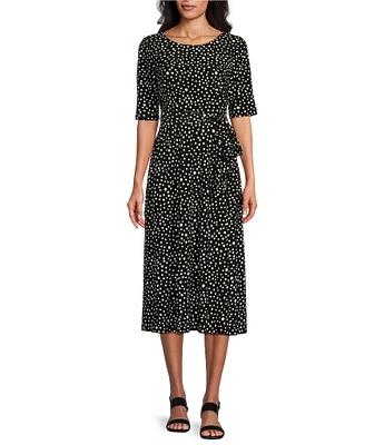 Kasper Stretch Dot Print Crew Neckline Short Sleeve Fit and Flare Midi Dress