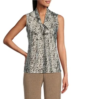 Kasper Abstract Print Stretch Tie Neckline Sleeveless Blouse