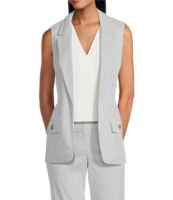 Kasper Stripe Notch Collar Open Front Vest