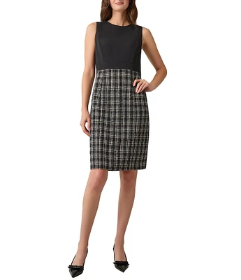 Kasper Tweed Combo Mixed Media Crew Neck Sleeveless Sheath Dress