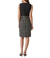 Kasper Tweed Combo Mixed Media Crew Neck Sleeveless Sheath Dress