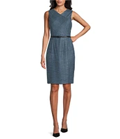 Kasper Tweed V-Neck Sleeveless Belted Sheath Dress