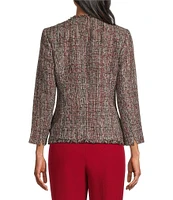 Kasper Tweed Wing Lapel Long Sleeve Fringe Hem One-Button Jacket