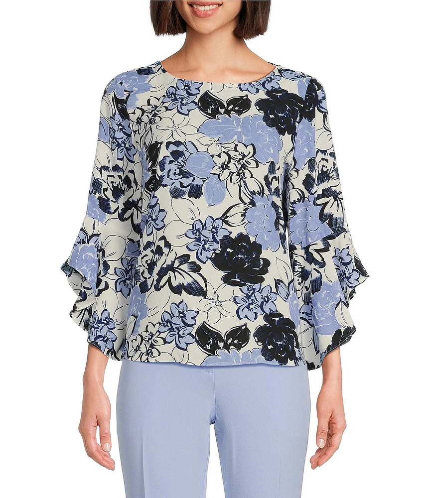 Kasper Woven Floral Print Crew Neck 3/4 Ruffle Sleeve Blouse