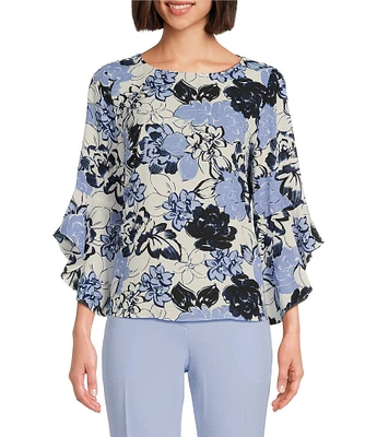 Kasper Woven Floral Print Crew Neck 3/4 Ruffle Sleeve Blouse