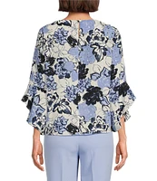 Kasper Woven Floral Print Crew Neck 3/4 Ruffle Sleeve Blouse