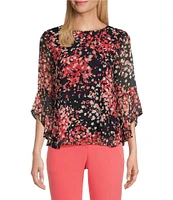 Kasper Woven Printed Crew Neck 3/4 Ruffle Sleeve Blouse