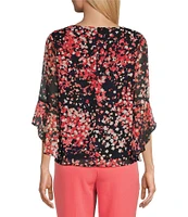 Kasper Woven Printed Crew Neck 3/4 Ruffle Sleeve Blouse