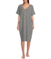 Kate Landry Black and White Striped V-Neck Short Dolman Sleeve Knit Lounge Dress