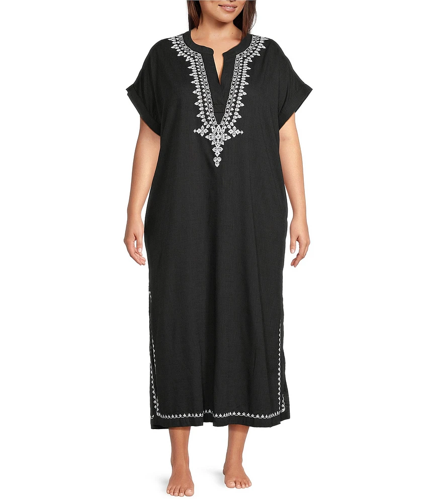 Kate Landry by Landry Plus Size Embroidered Trim Short Sleeve Split V-Neck Woven Caftan