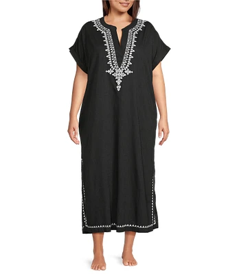 Kate Landry by Landry Plus Size Embroidered Trim Short Sleeve Split V-Neck Woven Caftan