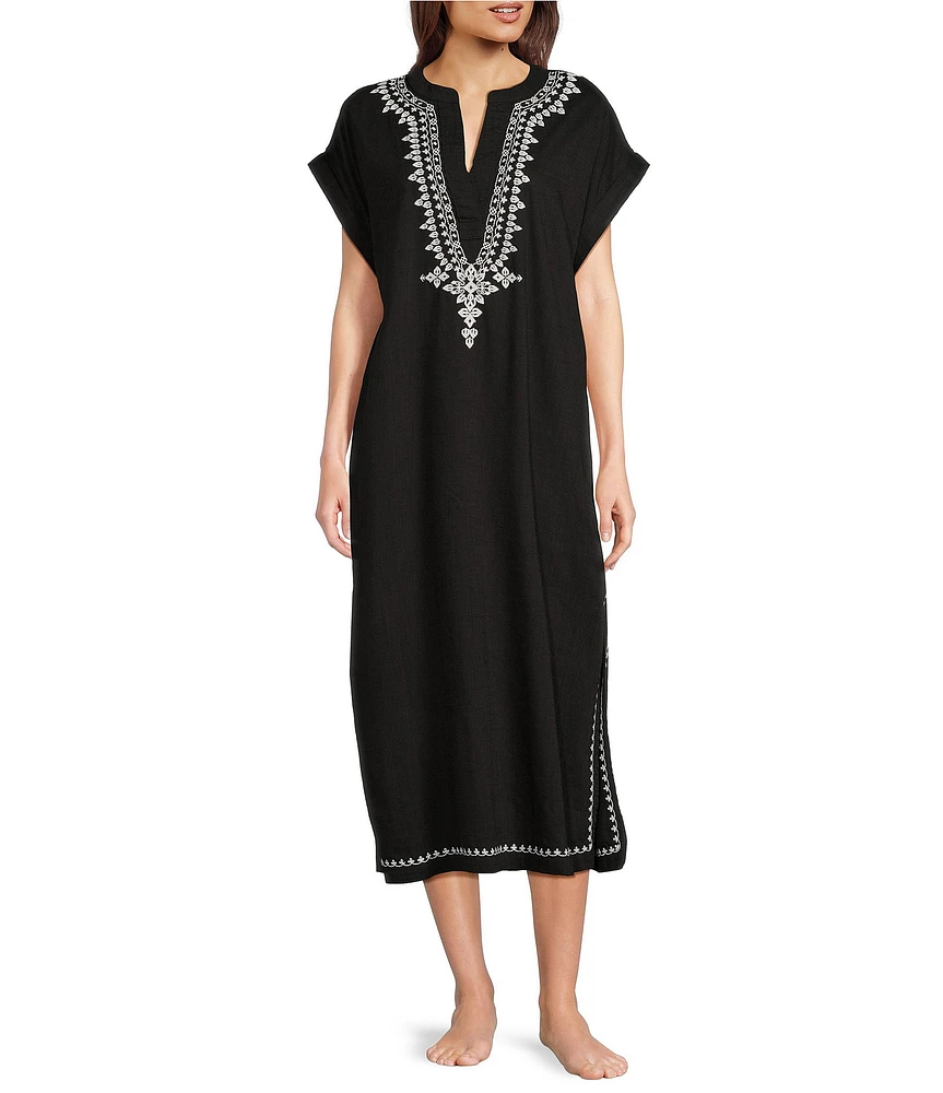 Kate Landry Embroidered Trim Short Sleeve Split V-Neck Woven Caftan