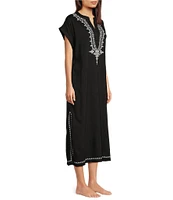 Kate Landry Embroidered Trim Short Sleeve Split V-Neck Woven Caftan