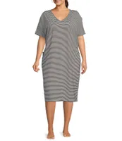 Kate Landry Plus Size Black and White Stripe Short Dolman Sleeve Midi Lounge Dress