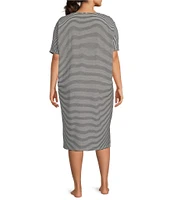 Kate Landry Plus Size Black and White Stripe Short Dolman Sleeve Midi Lounge Dress