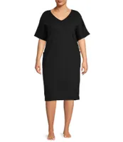 Kate Landry Plus Size Solid V-Neck Short Dolman Sleeve Knit Midi Lounge Dress