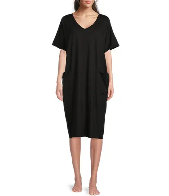 Kate Landry Solid V-Neck Short Dolman Sleeve Knit Lounge Dress