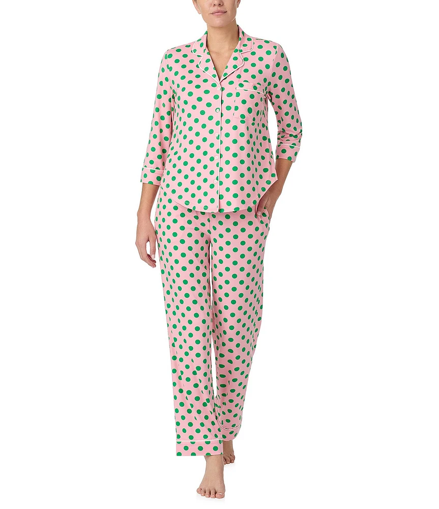 kate spade new york 3/4 Sleeve Notch Collar Long Knit Dotted Pajama Set